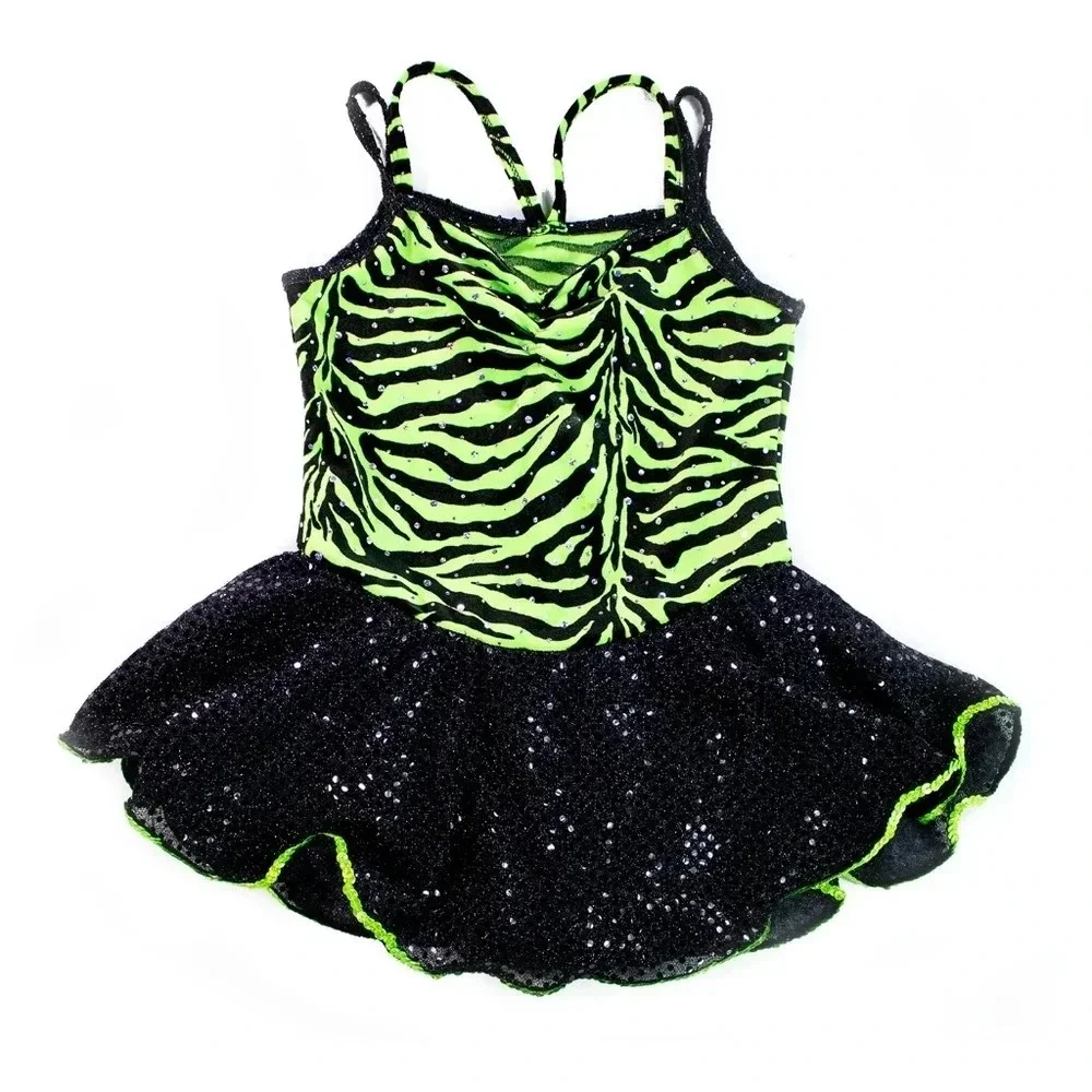 Girl's Green Zebra Print Sequin Dress M